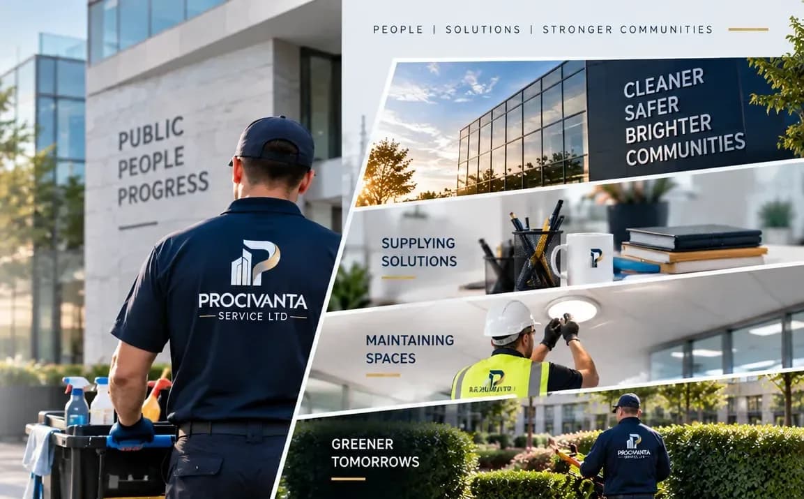 Illustrative image: facilities operative with a cleaning trolley outside a modern office building, with panels showing supplies, maintenance and grounds services