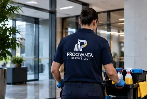 Illustrative image: cleaning operative with a trolley in a modern office lobby