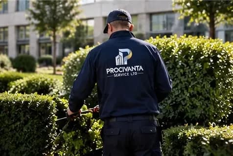 Illustrative image: grounds operative trimming a hedge outside a commercial building