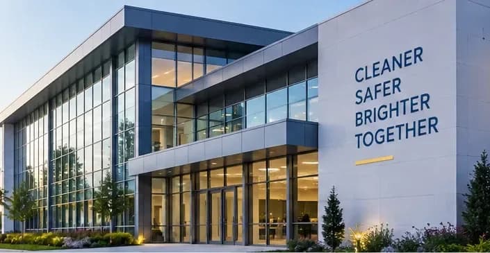 Illustrative image: modern glass-fronted commercial building at dusk